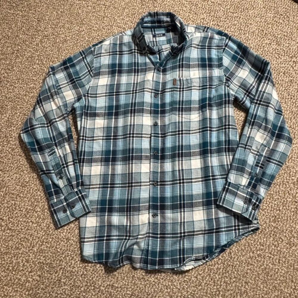 Izod Flannel Button Down Shirt Blue Gray Plaid Men's Size Medium